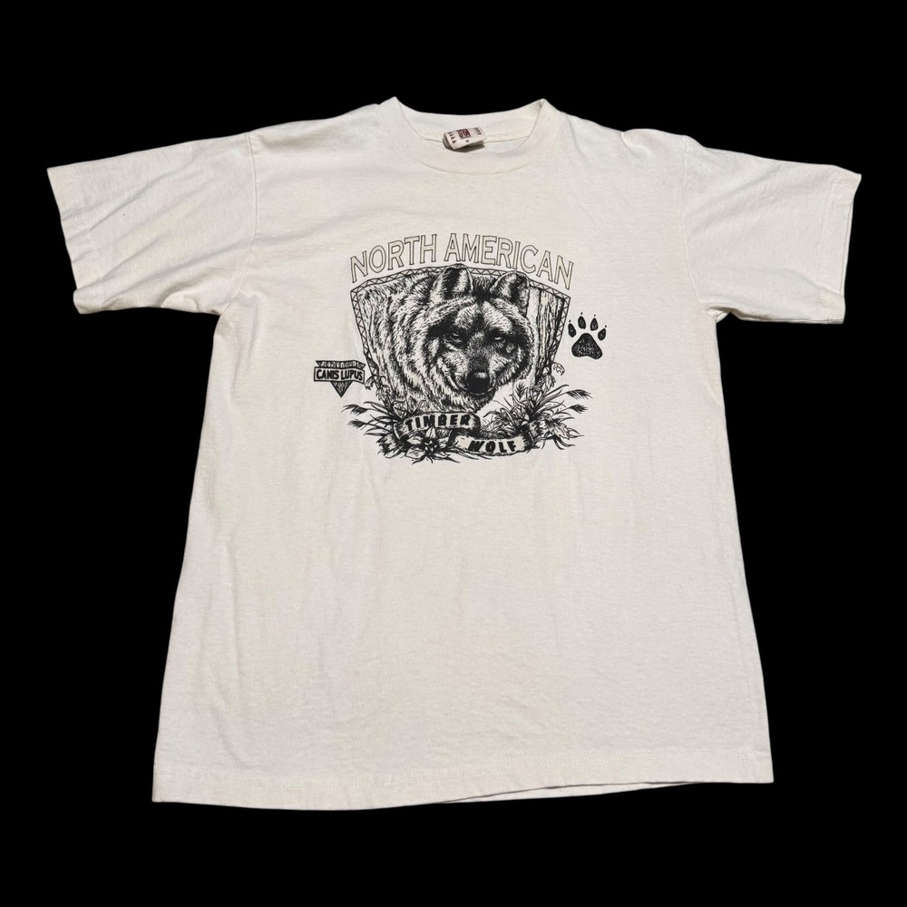 Vintage Del Sol 90s North American Timberwolf Stained White Shirt Men's Medium